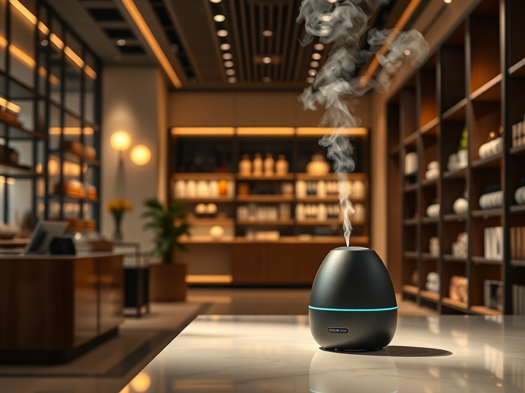 "A sleek, portable AERO 300 diffuser in a luxurious shop setting, subtle cloud of aroma, warm ambient lighting, modern design, quiet operation."