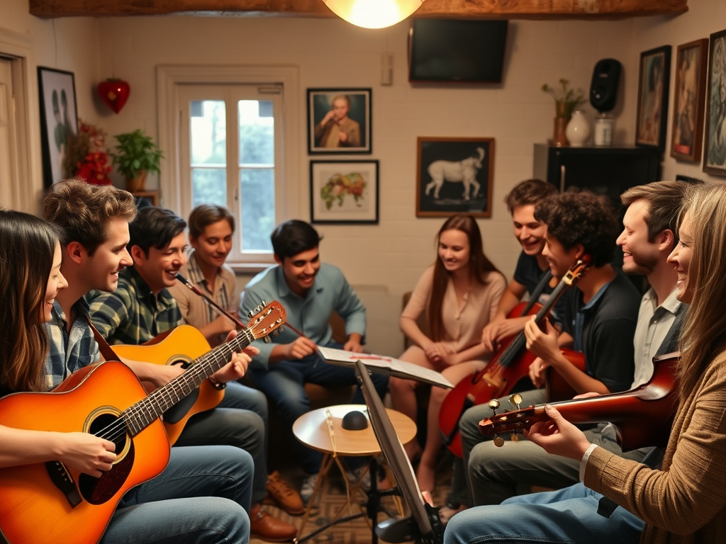Een groep muzikanten speelt en lacht samen in een gezellige kamer.