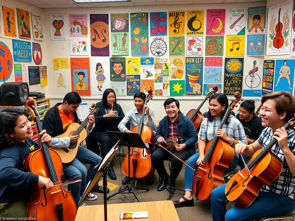 Een muzikale klas vol diverse muzikanten met instrumenten.