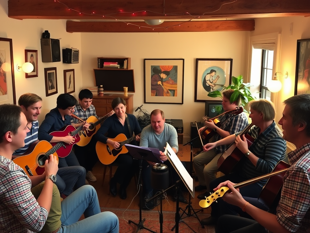 Een groep muzikanten speelt en deelt ideeën in een gezellige kamer.