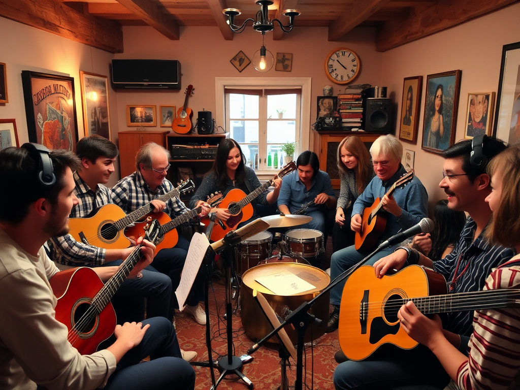 Een levendige groep muzikanten speelt samen in een gezellige kamer.