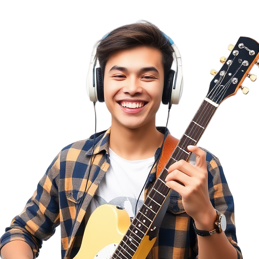 Een persoon met een gitaar en hoofdtelefoon, glimlachend.