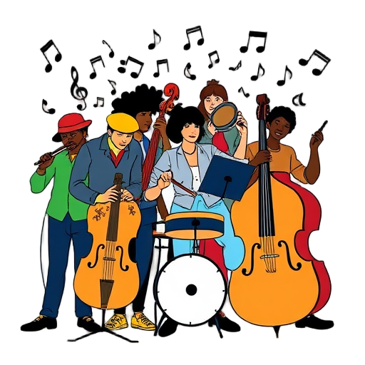 Groep diverse muzikanten met kleurrijke instrumenten.