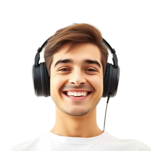 Een persoon met een hoofdtelefoon die glimlacht.