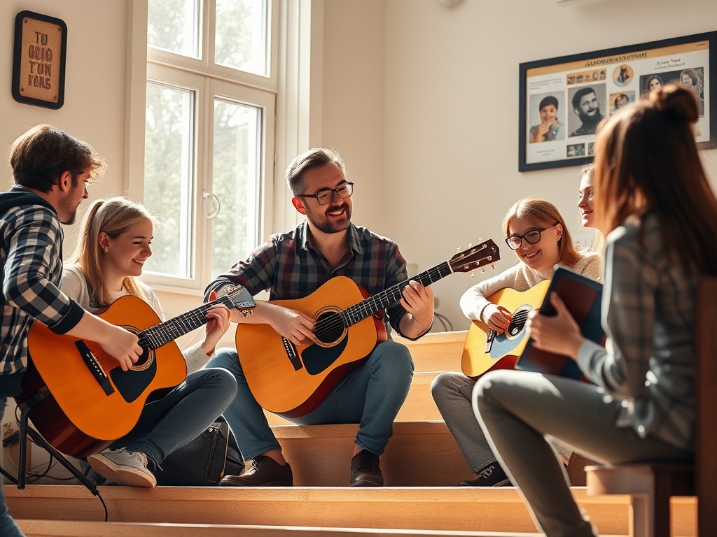 "A welcoming, sunlit beginner guitar scene