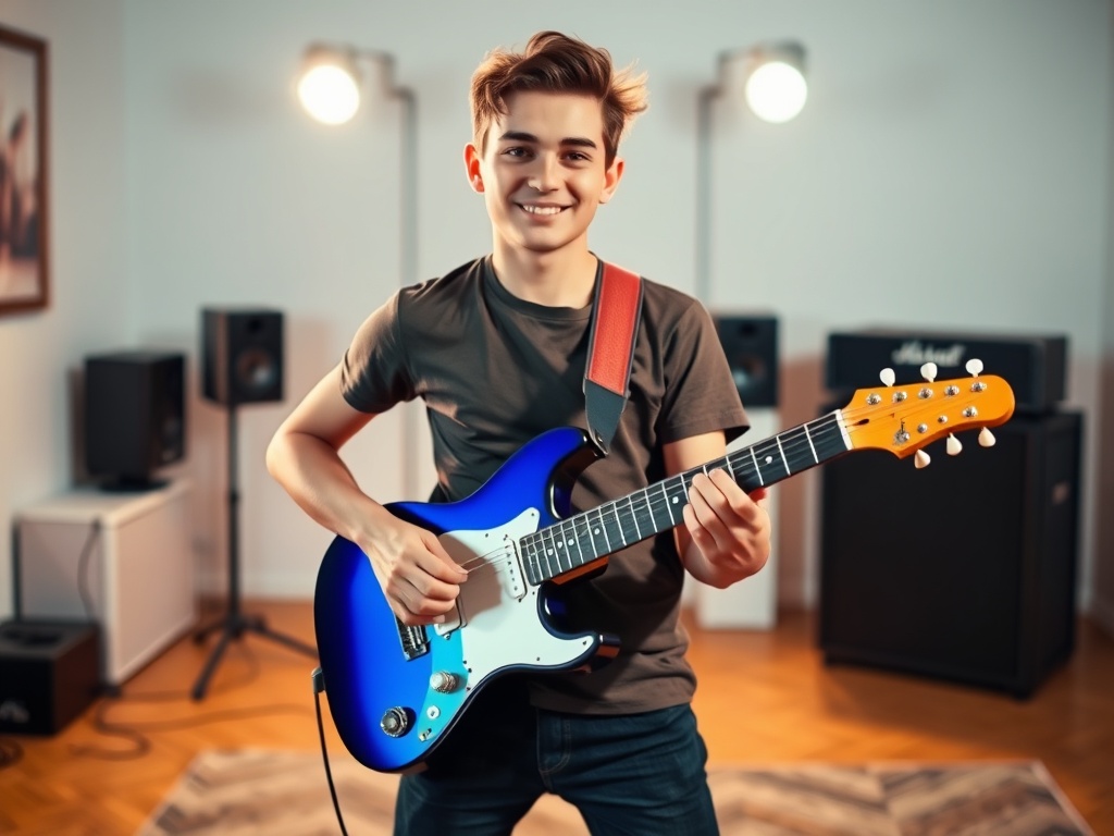 A confident beginner guitarist starting their journey, bright studio setting, clean lines, warm lighting, vibrant guitar, calm, approachable atmosphere, inviting.