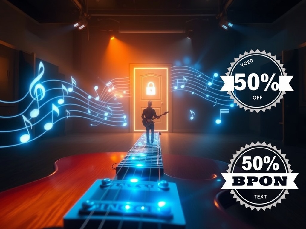 "A dynamic guitar scene with a glowing path of musical notes guiding a beginner guitarist toward a radiant, unlocked door; bold -50% badge, warm studio lighting, inviting atmosphere."