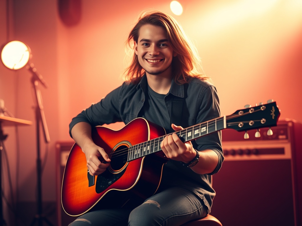"A confident beginner guitarist starts a journey, warm studio lighting, inviting open chords, bright colors, ready-to-learn vibe, signup prompt."