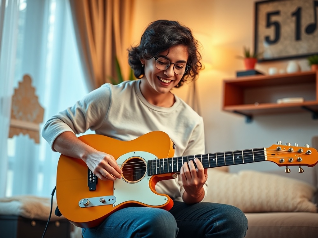 "A confident beginner guitarist strums a bright, inviting guitar in a cozy room, soft light, warm colors, subtle musical notes floating around."