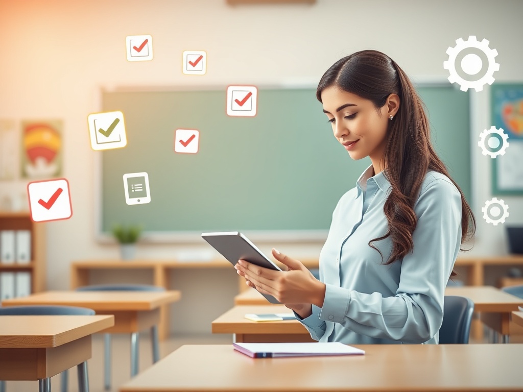 A bright classroom scene where a calm teacher uses a tablet, surrounded byfloating icons of checklists, shields for privacy, and simple gears, warm lighting.