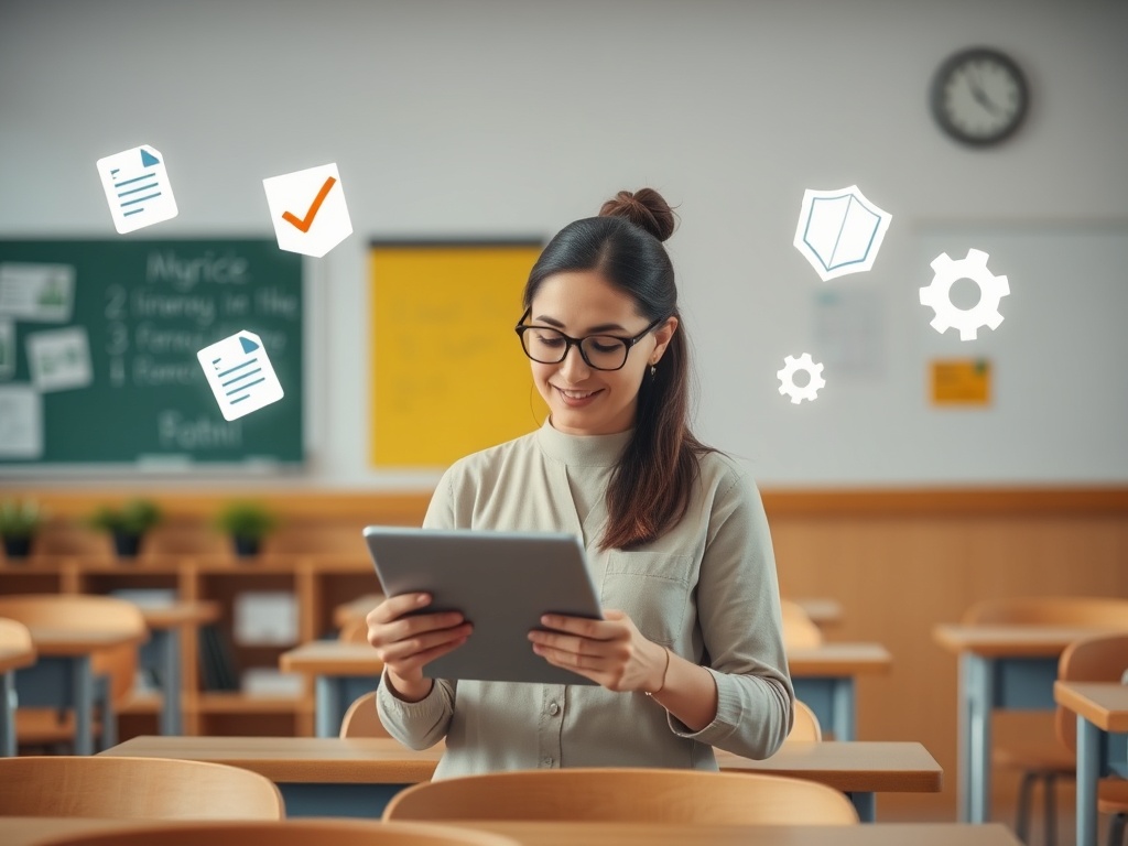 A bright classroom scene where a calm teacher uses a tablet, surrounded byfloating icons of checklists, shields for privacy, and simple gears, warm lighting.