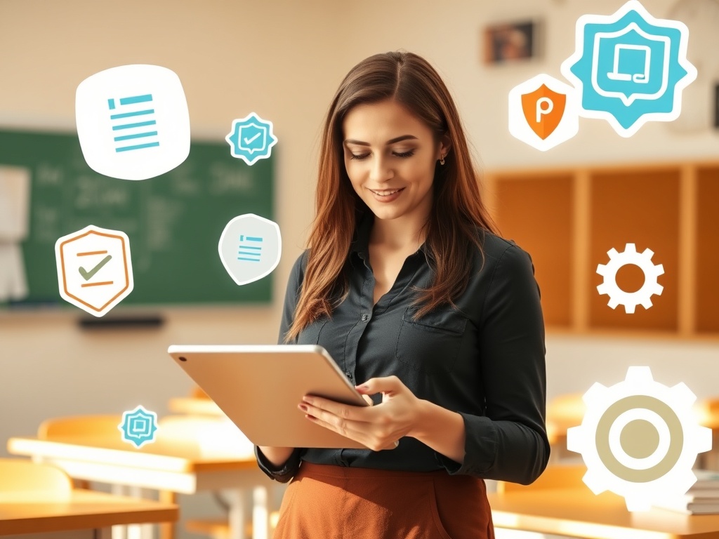 A bright classroom scene where a calm teacher uses a tablet, surrounded byfloating icons of checklists, shields for privacy, and simple gears, warm lighting.