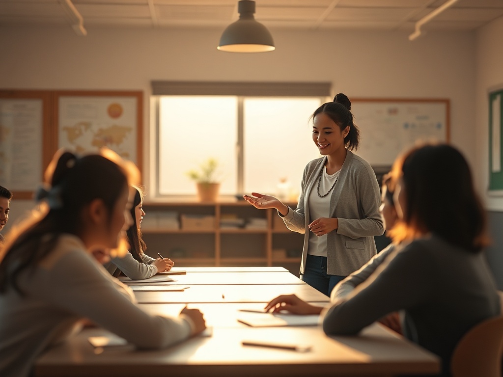 "A warm, inviting classroom scene with a calm light, a smiling teacher guiding students, soft AI-inspired elements subtly integrated, airy atmosphere, focus on ease and space for teaching."