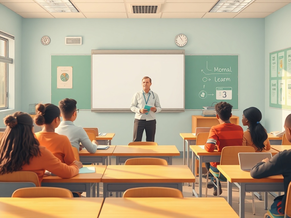 "A bright classroom scene with a calm, confident teacher guiding students; subtle AI motifs like gentle circuits in the air; warm light, organized desks, diverse students."