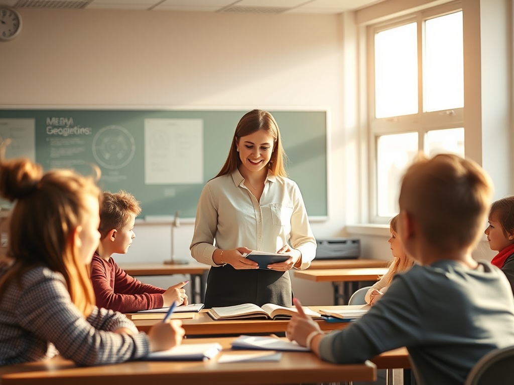 A bright classroom scene with a calm, confident teacher guiding students; subtle AI-inspired glow, hands-on activities, open notebook, sunlight, warm colors.