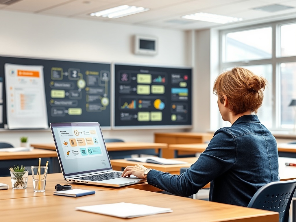 Bright modern classroom workshop scene, teacher at desk with laptop showing abstract AI workflow icons, color-coded learning goals, prompts, checklists, focused, time-saving atmosphere, no words.