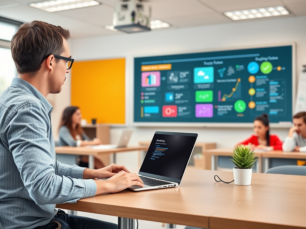 Bright modern classroom workshop scene, teacher at desk with laptop showing abstract AI workflow icons, color-coded learning goals, prompts, checklists, focused, time-saving atmosphere, no words.