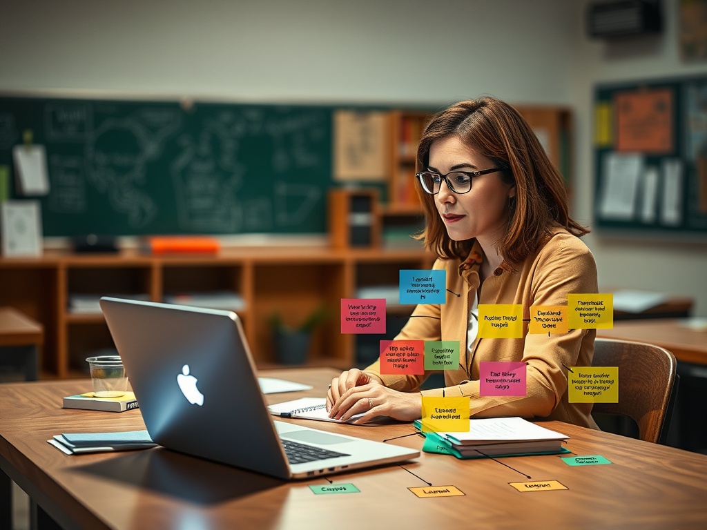 A focused teacher at a classroom desk, laptop glow, colorful notes and learning goals icons, building an AI-assistant context map with arrows.