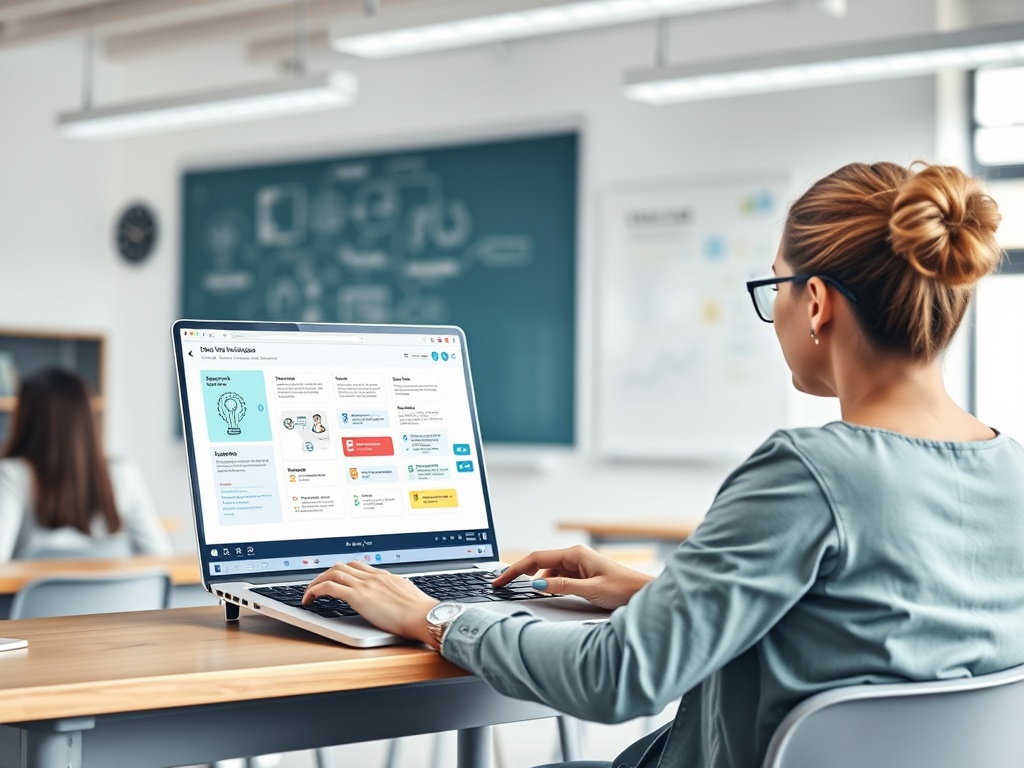 Bright modern classroom workshop scene, teacher at desk with laptop showing abstract AI workflow icons, color-coded learning goals, prompts, checklists, focused, time-saving atmosphere, no words.