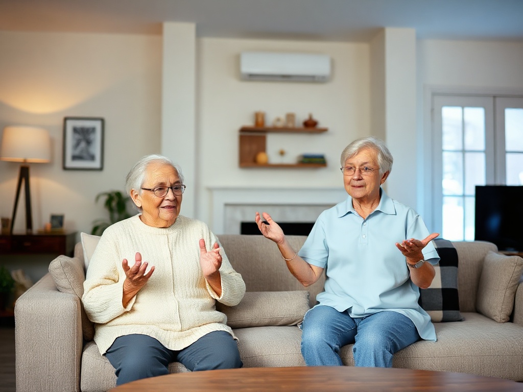 A calm home living room, elderly couple seated and standing safely with supportive posture, therapist-like figures gesturing gently during an online webinar, soft blue light, warm encouraging mood, no logos, no text."