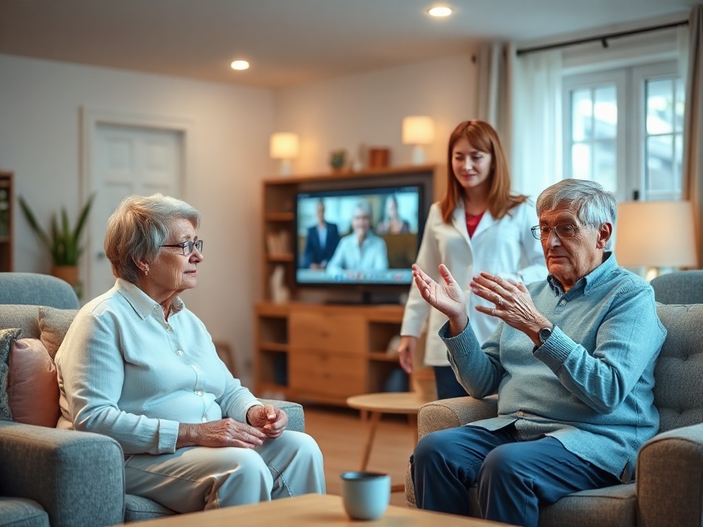 A calm home living room, elderly couple seated and standing safely with supportive posture, therapist-like figures gesturing gently during an online webinar, soft blue light, warm encouraging mood, no logos, no text."