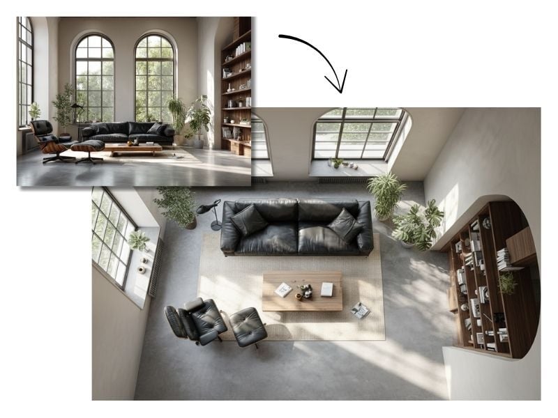 Nano Banana Pro - vooraanzicht interieur naar bovenaanzicht.