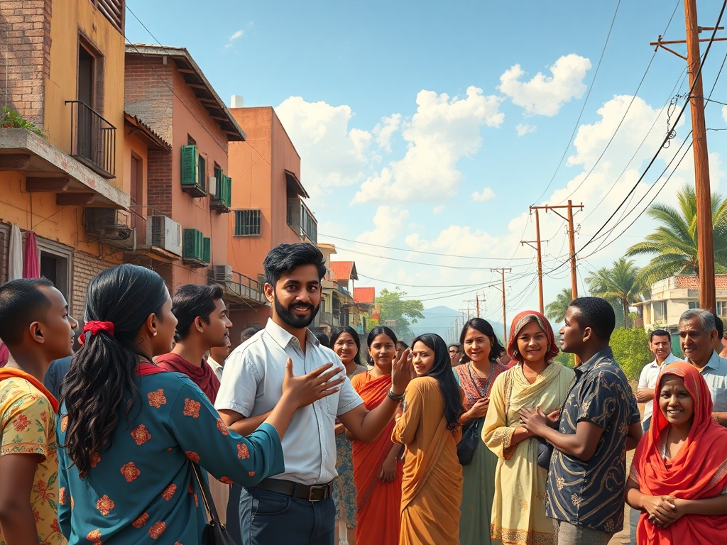 A hopeful scene of diverse evangelists sharing love in vibrant urban and rural settings, supported by warm, transparent mentorship and community fellowship.