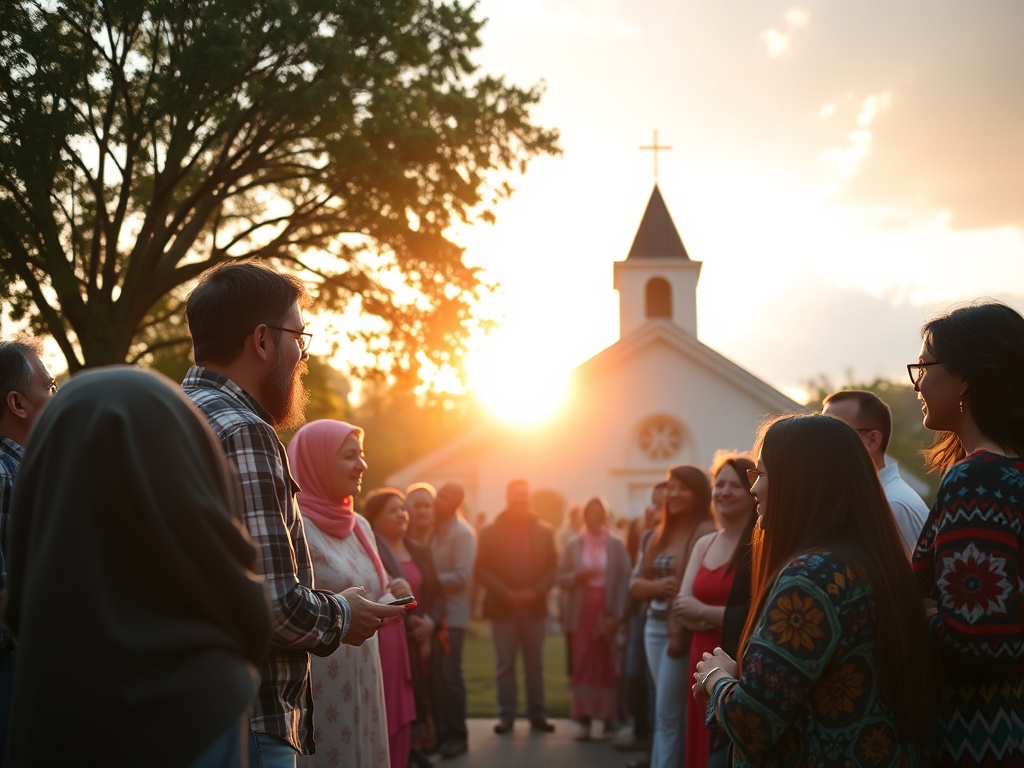 "A warm, luminous scene featuring a diverse group of evangelists sharing hopeful conversations outdoors, vibrant communities surrounding a church, soft dawn light, gentle halos, compassionate interactions, unity and purpose."