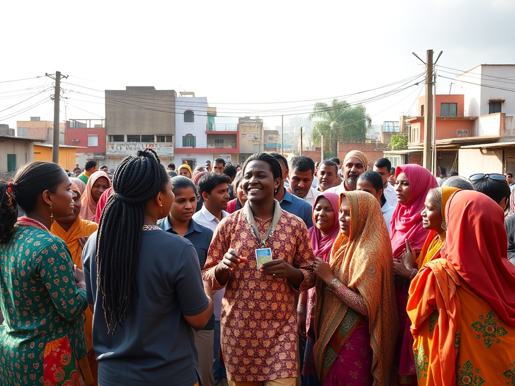 A hopeful scene of diverse evangelists sharing love in vibrant urban and rural settings, supported by warm, transparent mentorship and community fellowship.