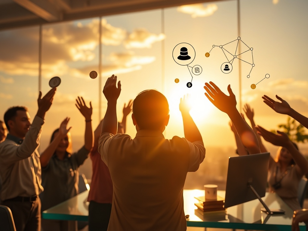 "A luminous scene of dedicated evangelists supported by hands offering coins, training icons, and networks, set against a hopeful sunrise over a transparent, nonprofit workspace."