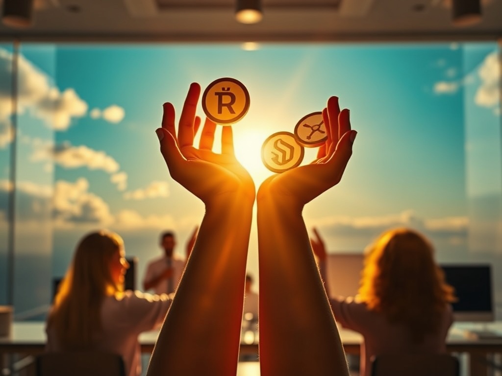 "A luminous scene of dedicated evangelists supported by hands offering coins, training icons, and networks, set against a hopeful sunrise over a transparent, nonprofit workspace."