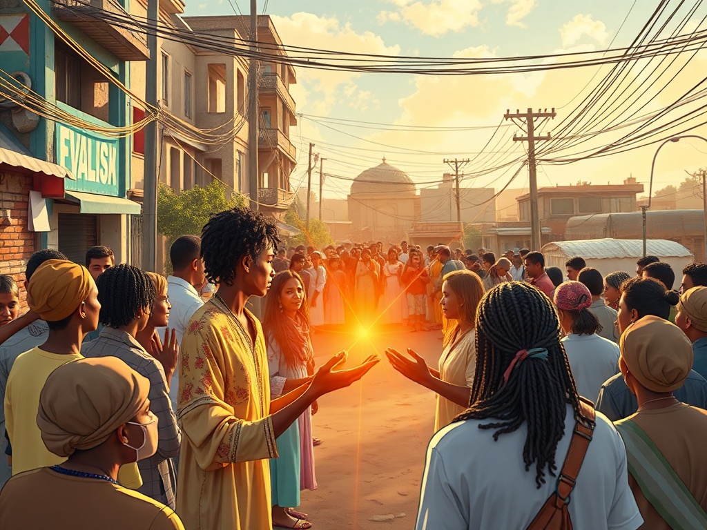 A hopeful scene of diverse evangelists sharing love in vibrant urban and rural settings, supported by warm, transparent mentorship and community fellowship.