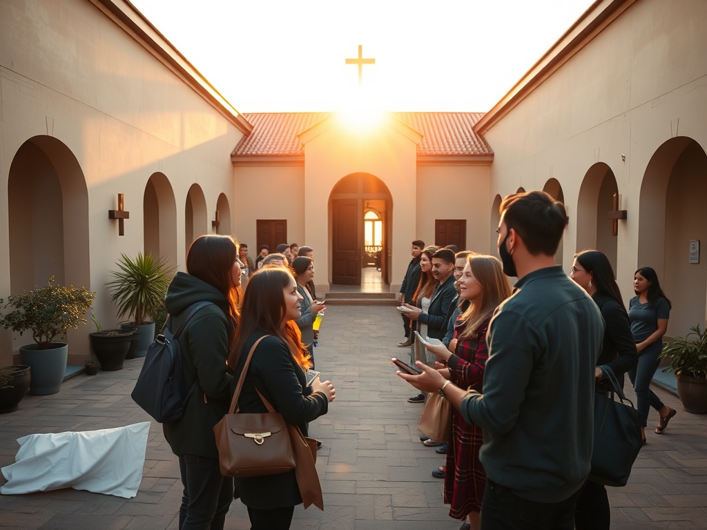 "A radiant church courtyard at dawn, a diverse group of full-time evangelists receiving training, support staff handing essentials, warm light, hopeful faces, subtle cross symbols"