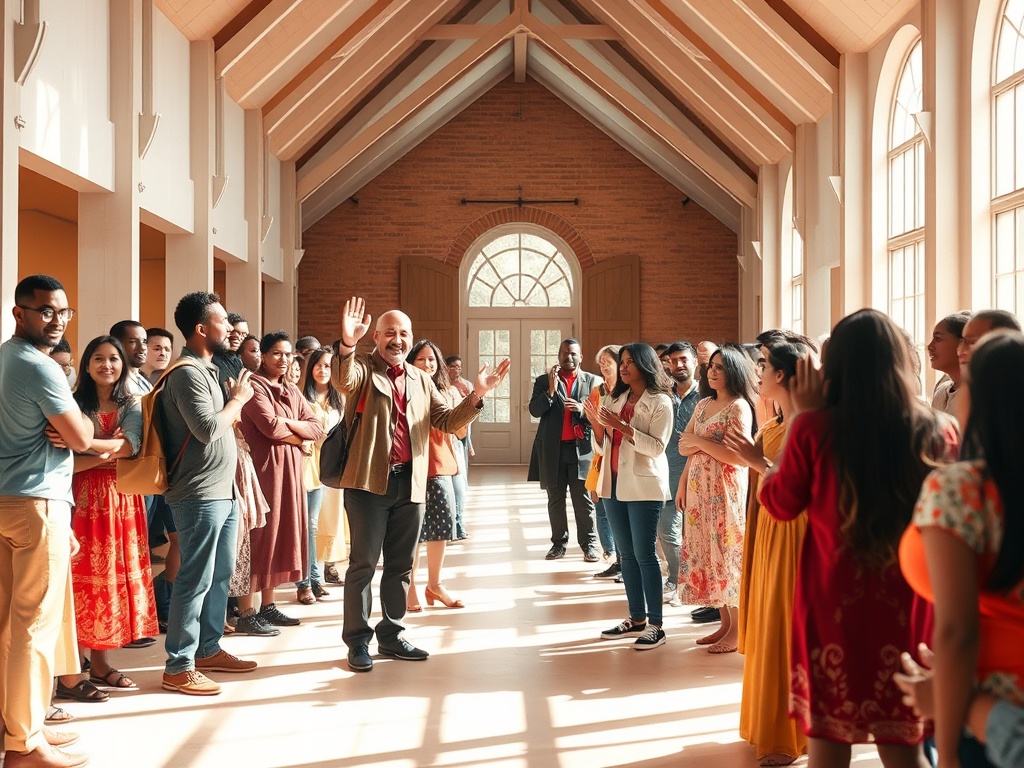 "A vibrant scene of evangelists in action, supported by a bright, open community space; diverse people sharing hope, warmth, and faith, with gentle light and welcoming architecture."