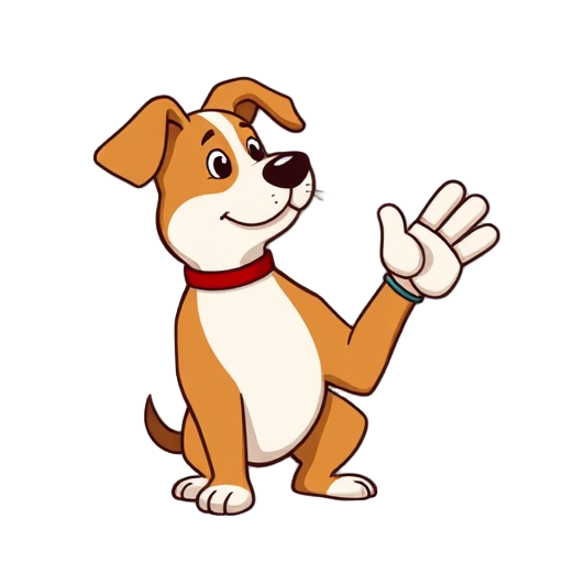 Een cartoonachtige hond die met een poot zwaait.