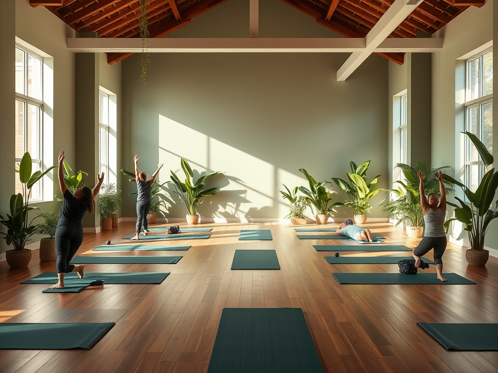 Een rustige yogastudio met planten en praktiserende deelnemers.