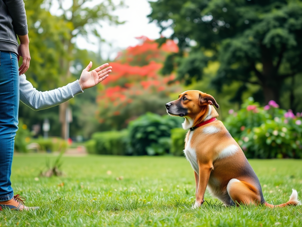 Een persoon traint een dove hond met gebaren in een park.