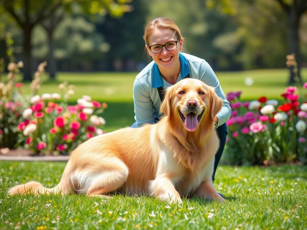 Een honden trainer met een gouden retriever in een park.