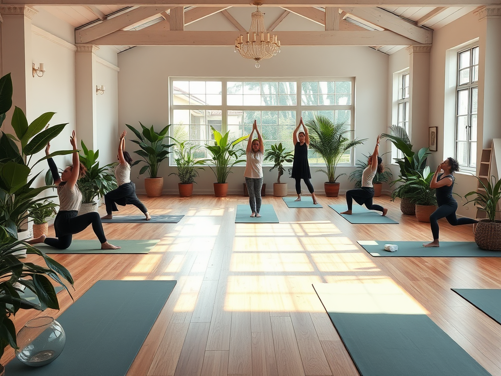 Een serene yogastudio met beoefenaars in verschillende houdingen.