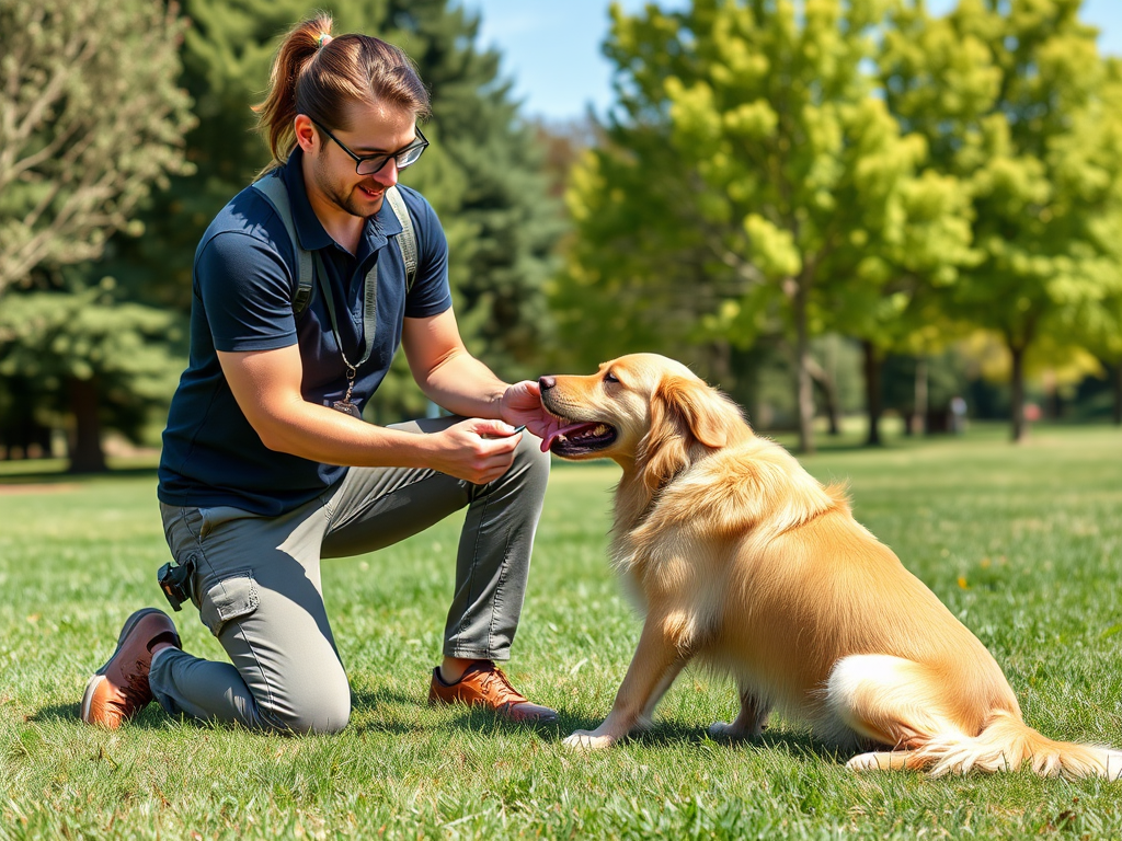 Een hondentrainer knielt in een park met een golden retriever.
