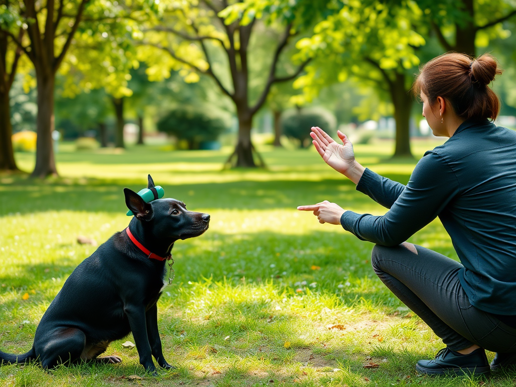 Een persoon traint een dove hond met handgebaren in een park.