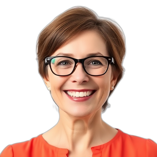 Een vrouw glimlacht naar de camera met een witte achtergrond.
