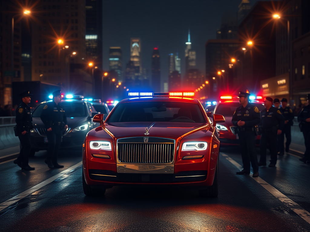 Een luxe voertuig met politie-escorte in de stad.