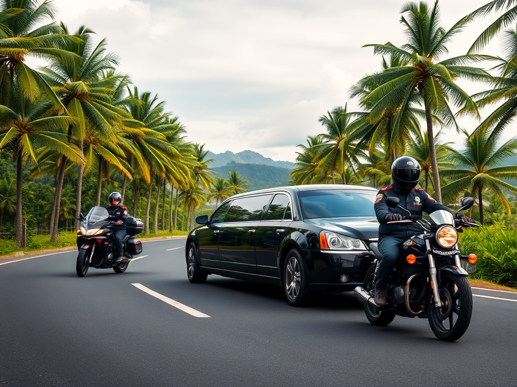 Een luxe zwarte limousine met politie-escorte op Bali.