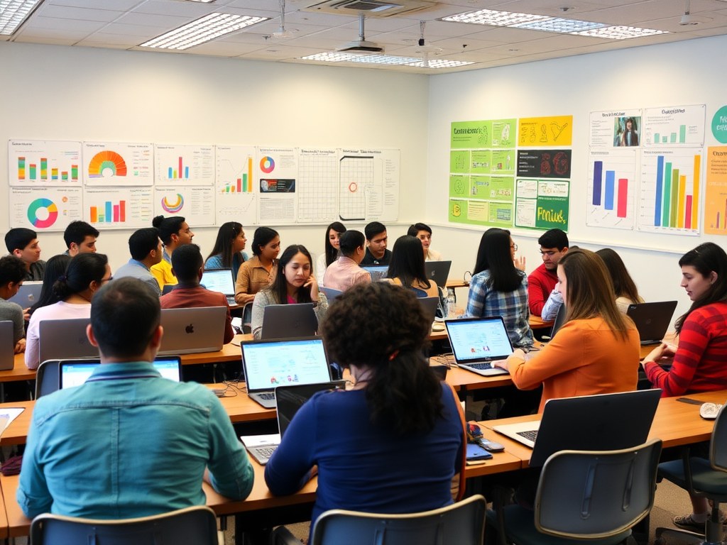 Een levendige klaslokaal met diverse mensen en laptops.