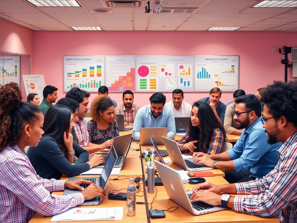 Een levendige klas met diverse mensen en laptops.