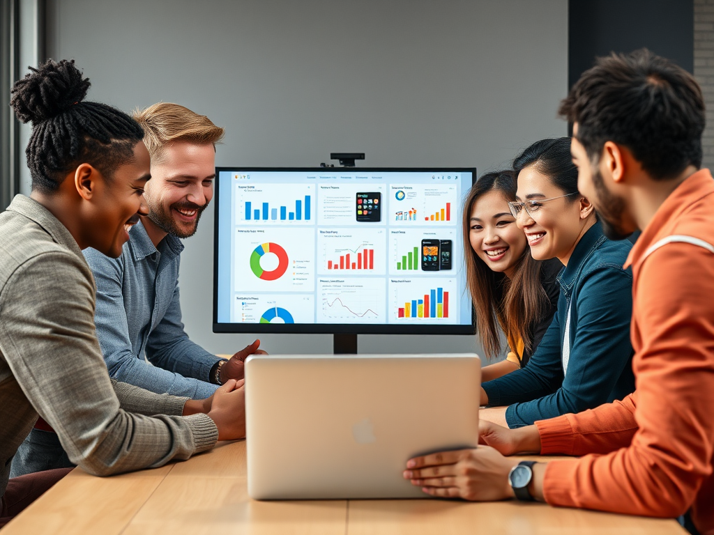 Een diverse groep mensen rond een laptop, betrokken bij training.