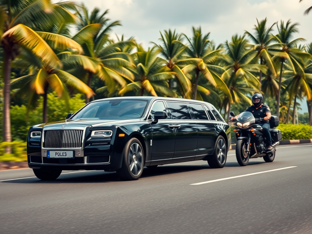 Een luxe zwarte limousine met motoragenten in Bali.