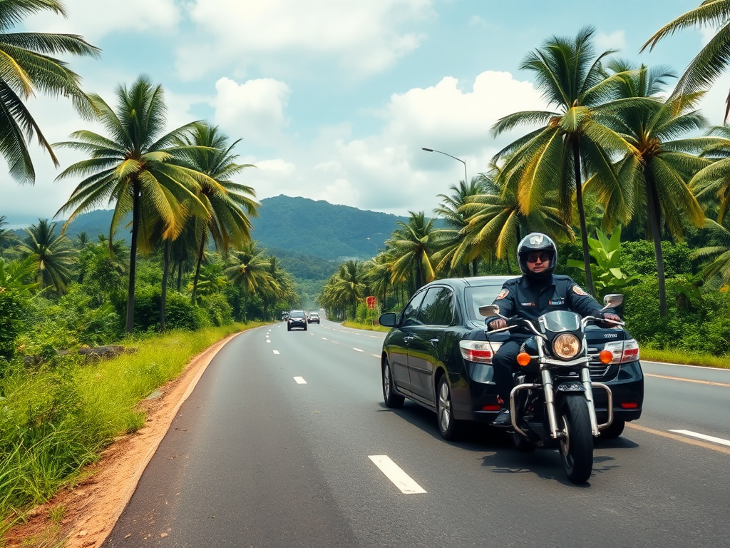 Een zwarte limousine met motoragenten in Bali.