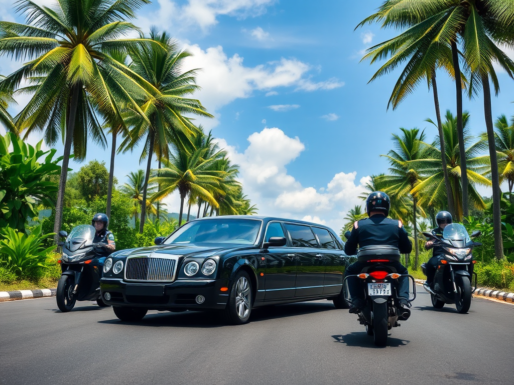 Een luxe zwarte limousine met politie-escorte op Bali.